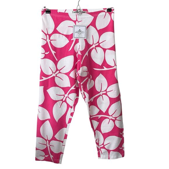 NWT Barbara Gerwit Cropped Pants Leggings XL Pull On Cotton Stretch Pink White - Picture 1 of 10